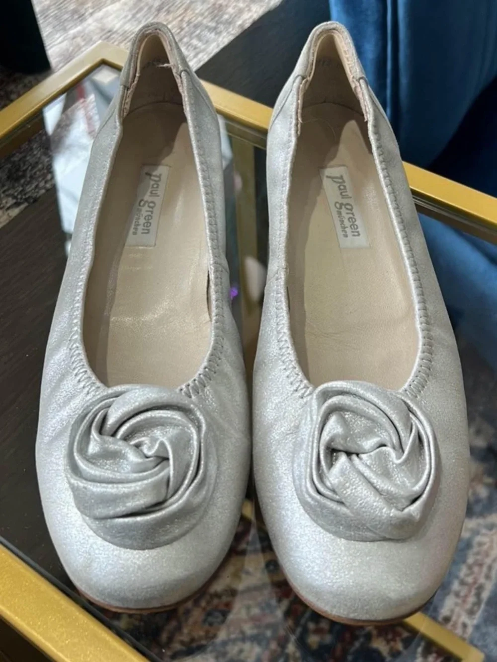 Paul Green Silver Metallic Ballet Flats Rosette Leather Austria 6.5